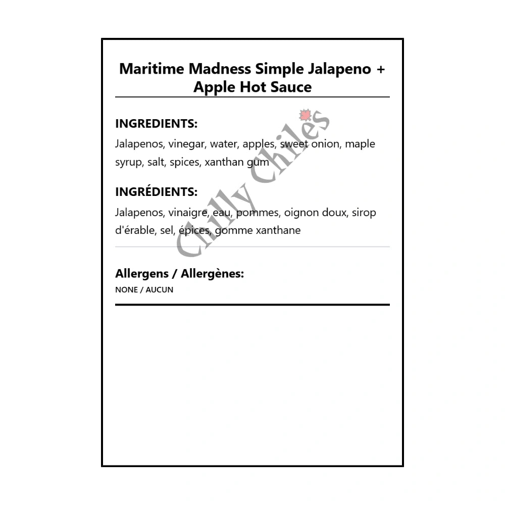 Maritime Madness Simple Jalapeno + Apple Hot Sauce - Bilingual Ingredients