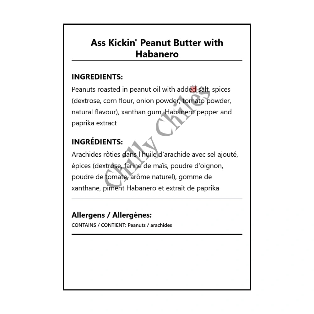 Ass Kickin' Peanut Butter with Habanero - Bilingual Ingredients