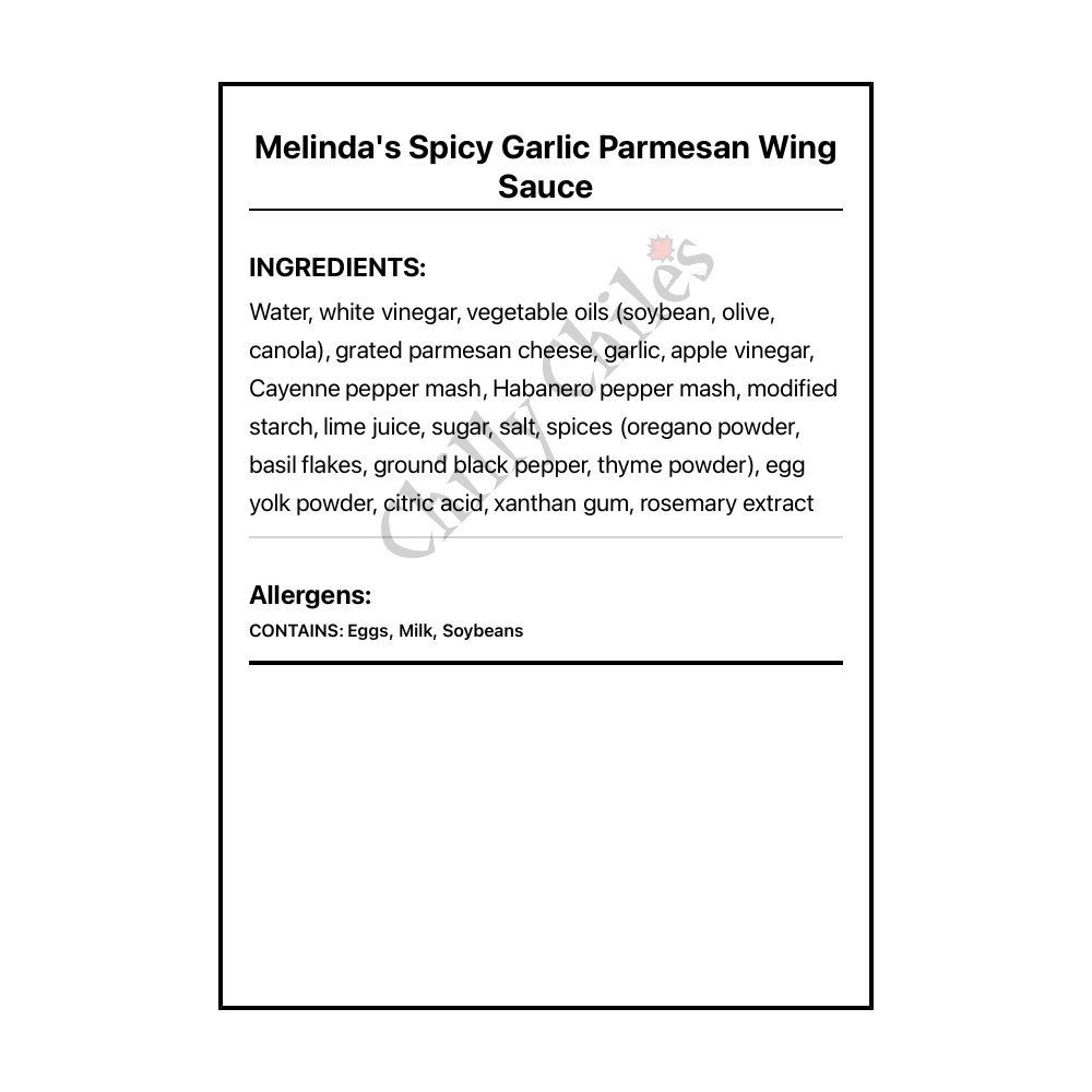 Melinda's Spicy Garlic Parmesan Wing Sauce - Bilingual Ingredients