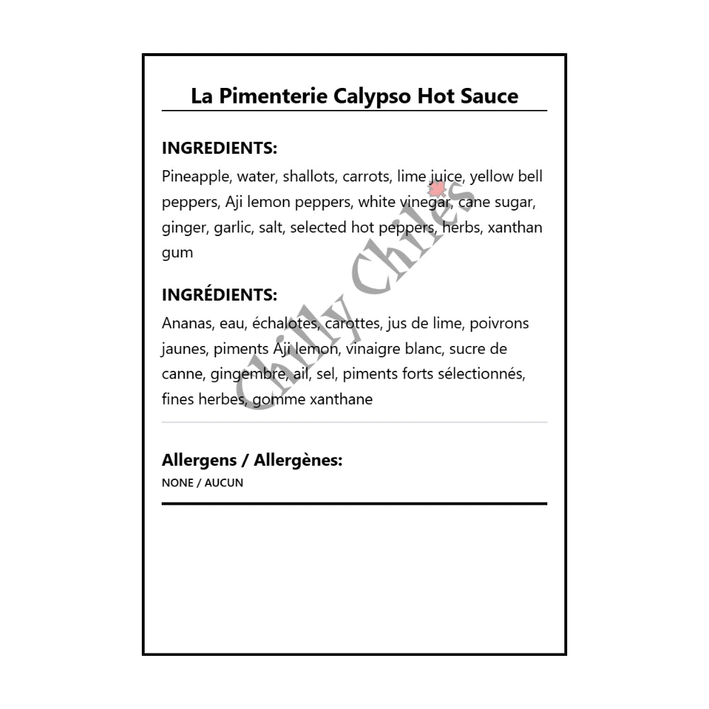 La Pimenterie Calypso Hot Sauce - Bilingual Ingredients