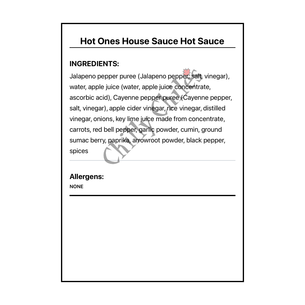 Hot Ones House Sauce Hot Sauce - Bilingual Ingredients