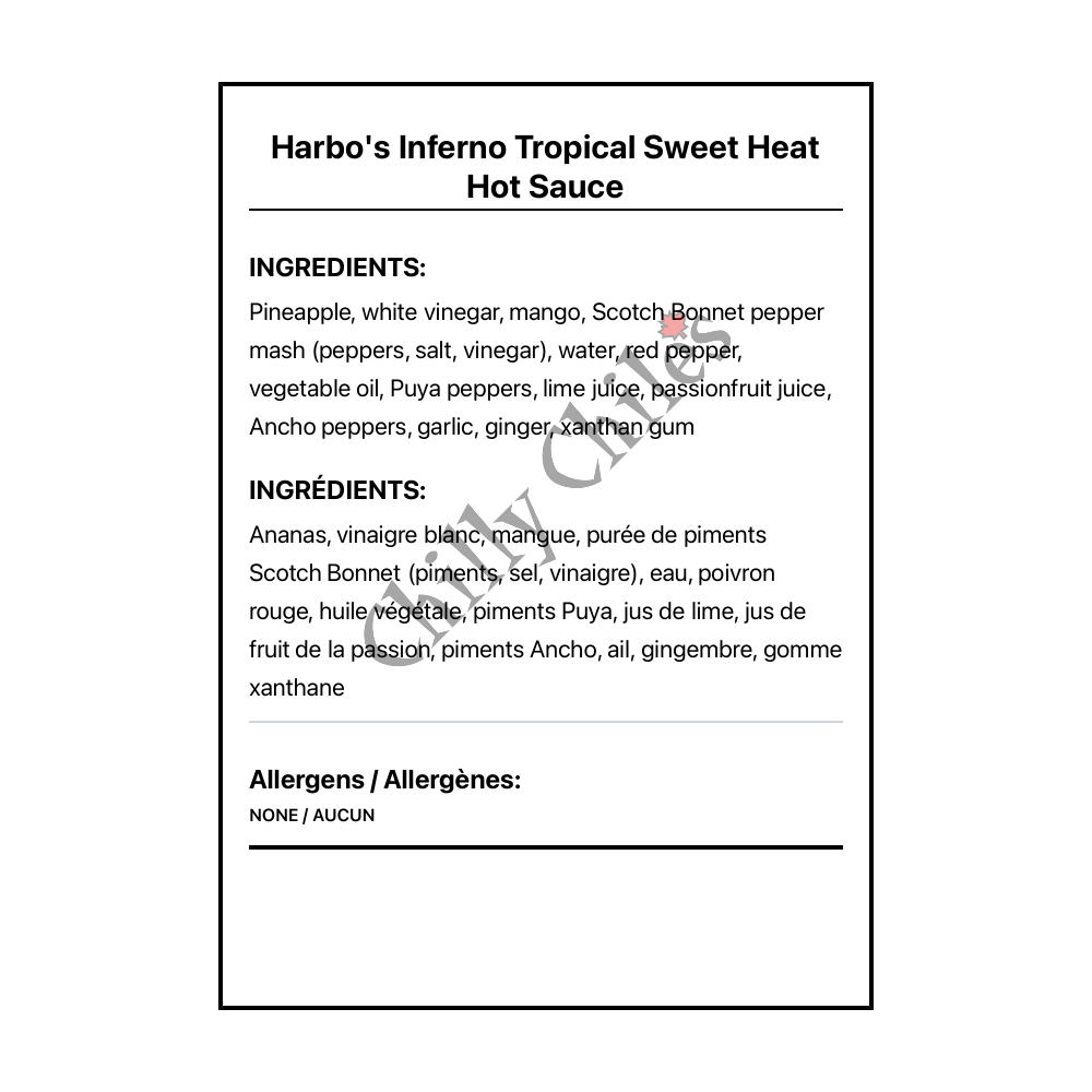 Harbo's Inferno Tropical Sweet Heat Hot Sauce - Bilingual Ingredients