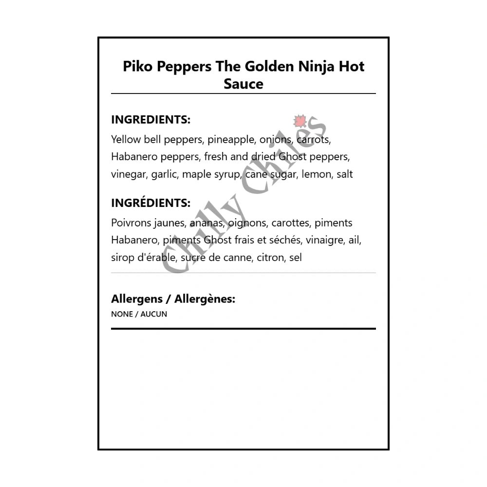 Piko Peppers The Golden Ninja Hot Sauce - Bilingual Ingredients