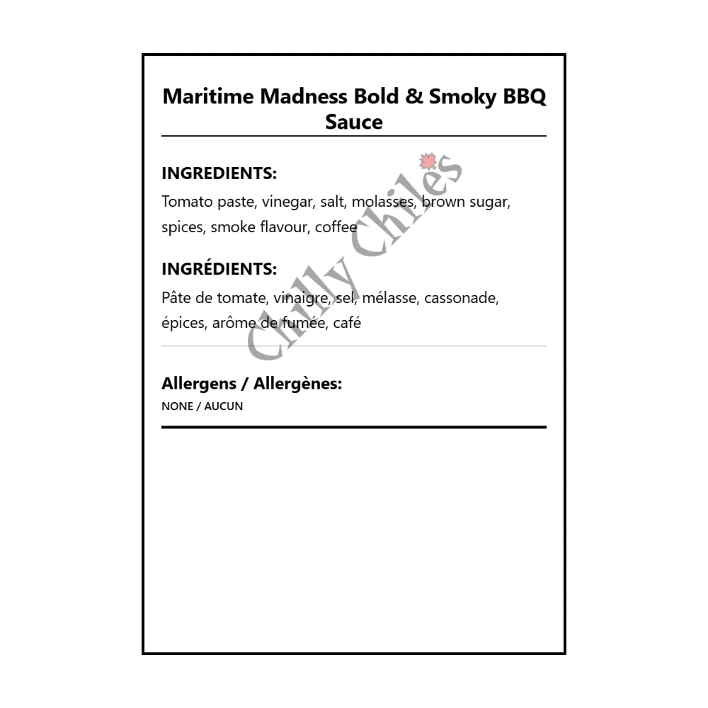 Maritime Madness Bold & Smoky BBQ Sauce - Bilingual Ingredients