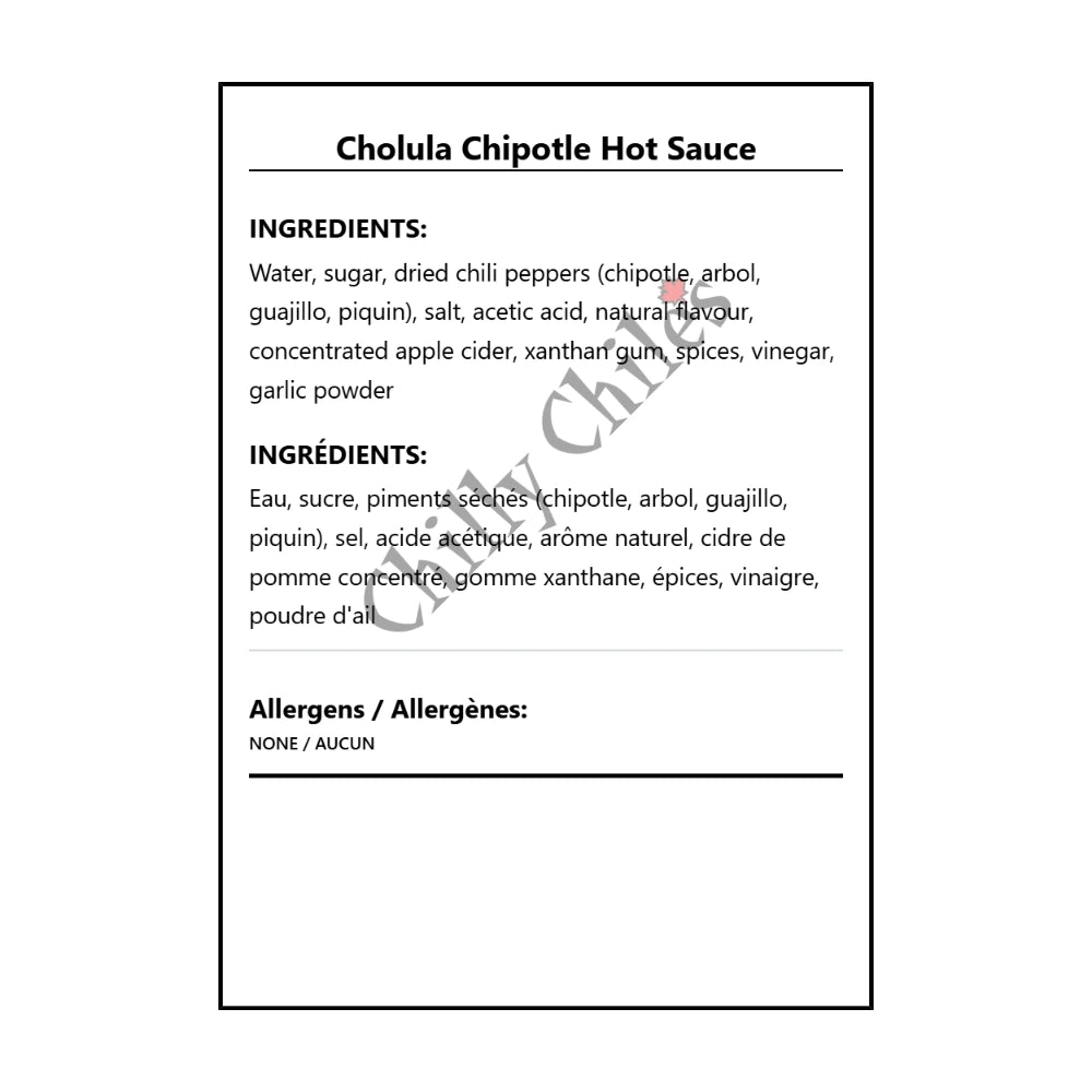 Cholula Chipotle Hot Sauce - Bilingual Ingredients