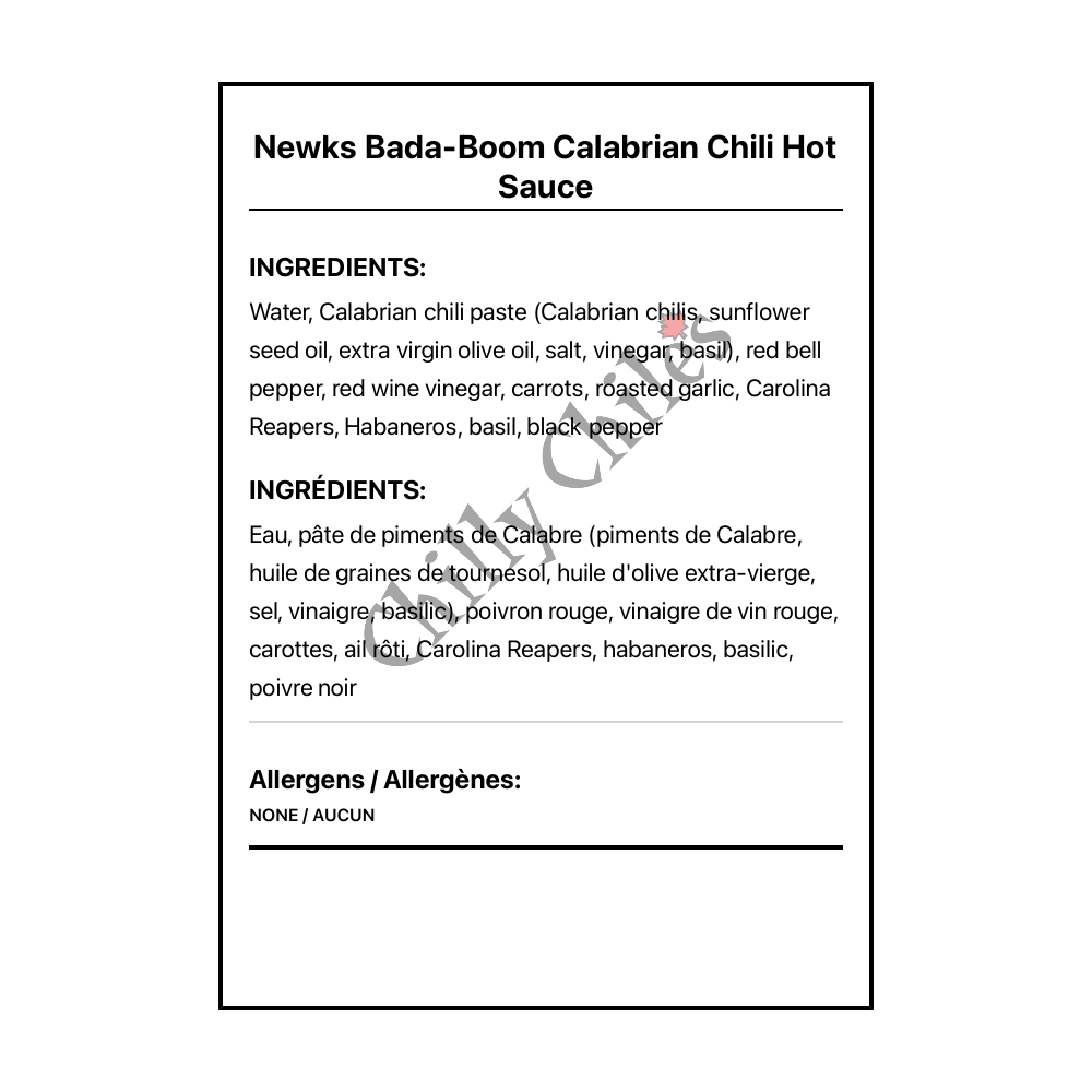 Newks Bada-Boom Calabrian Chili Hot Sauce - Bilingual Ingredients