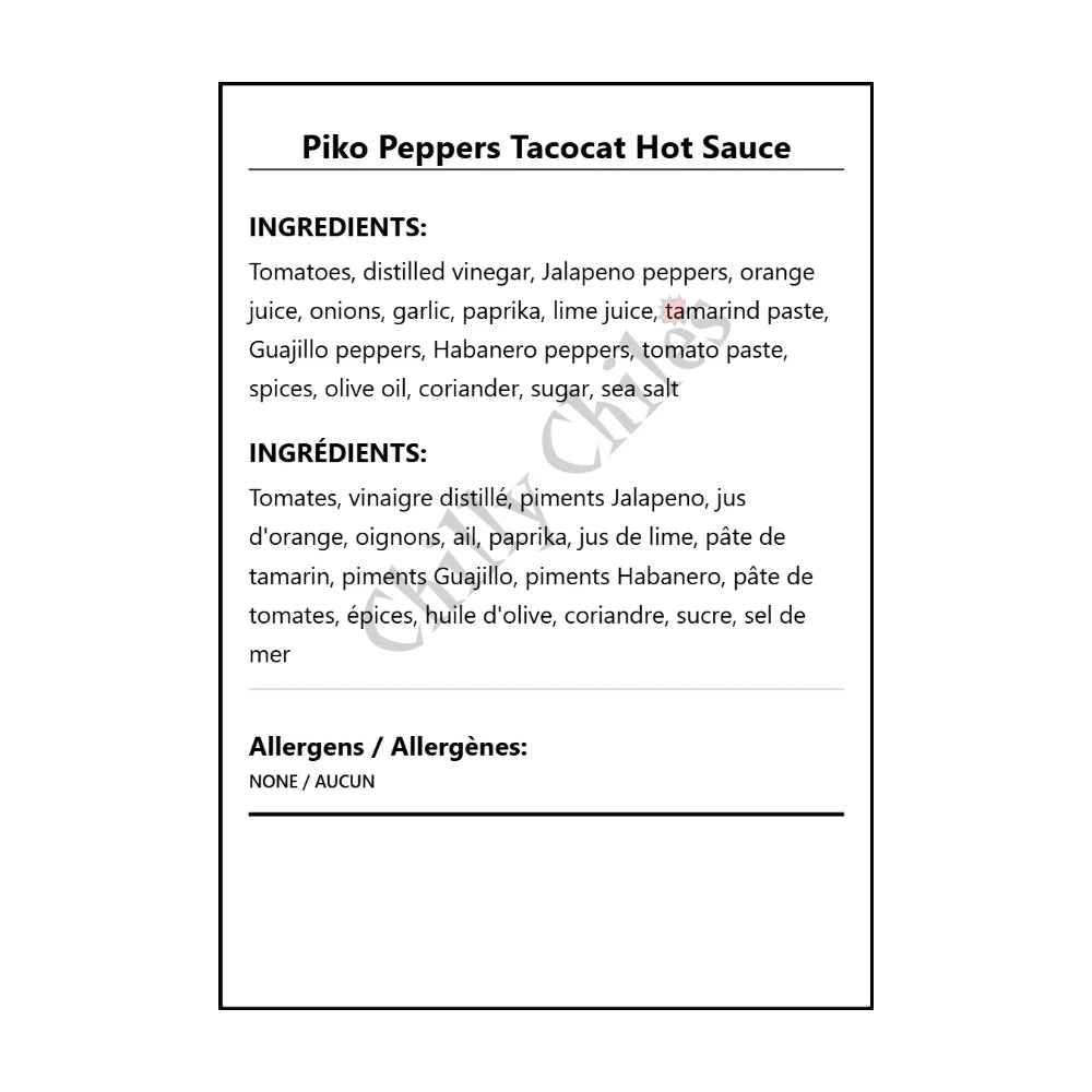 Piko Peppers Tacocat Hot Sauce - Bilingual Ingredients
