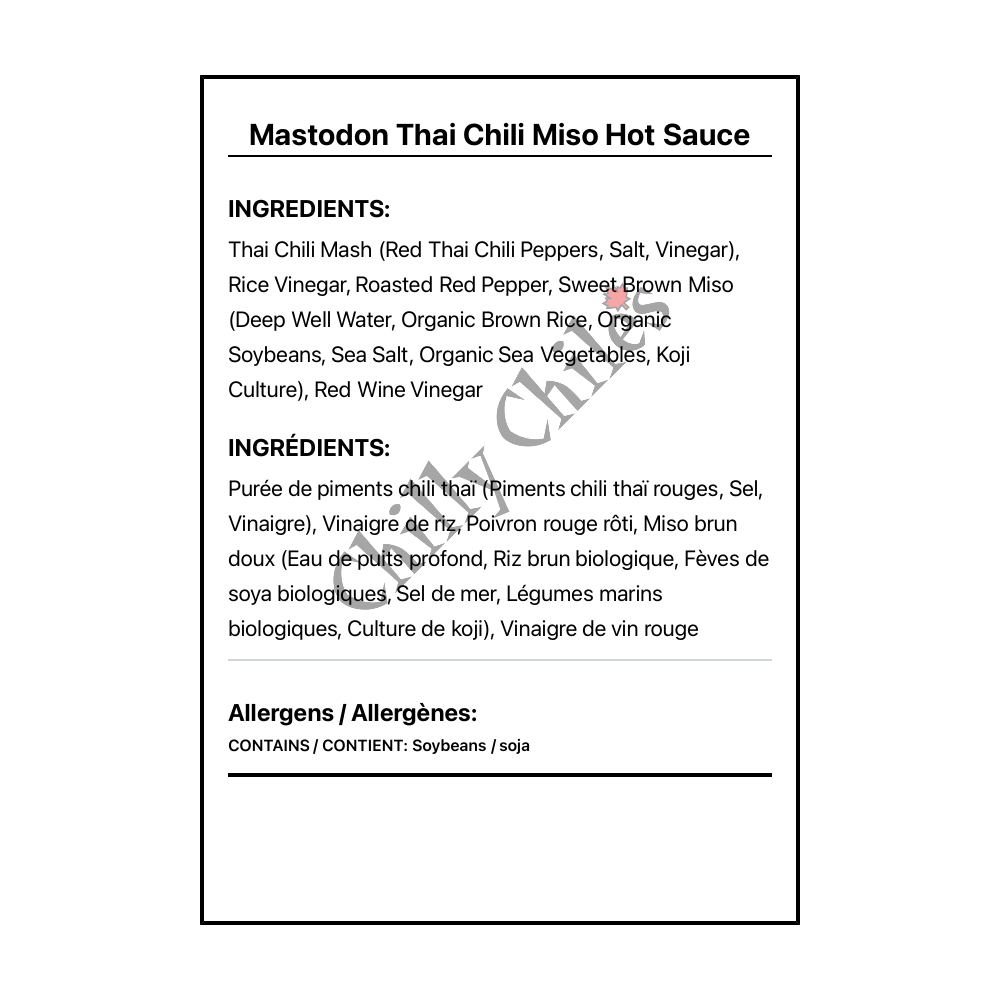 Mastodon Thai Chili Miso Hot Sauce - Bilingual Ingredients