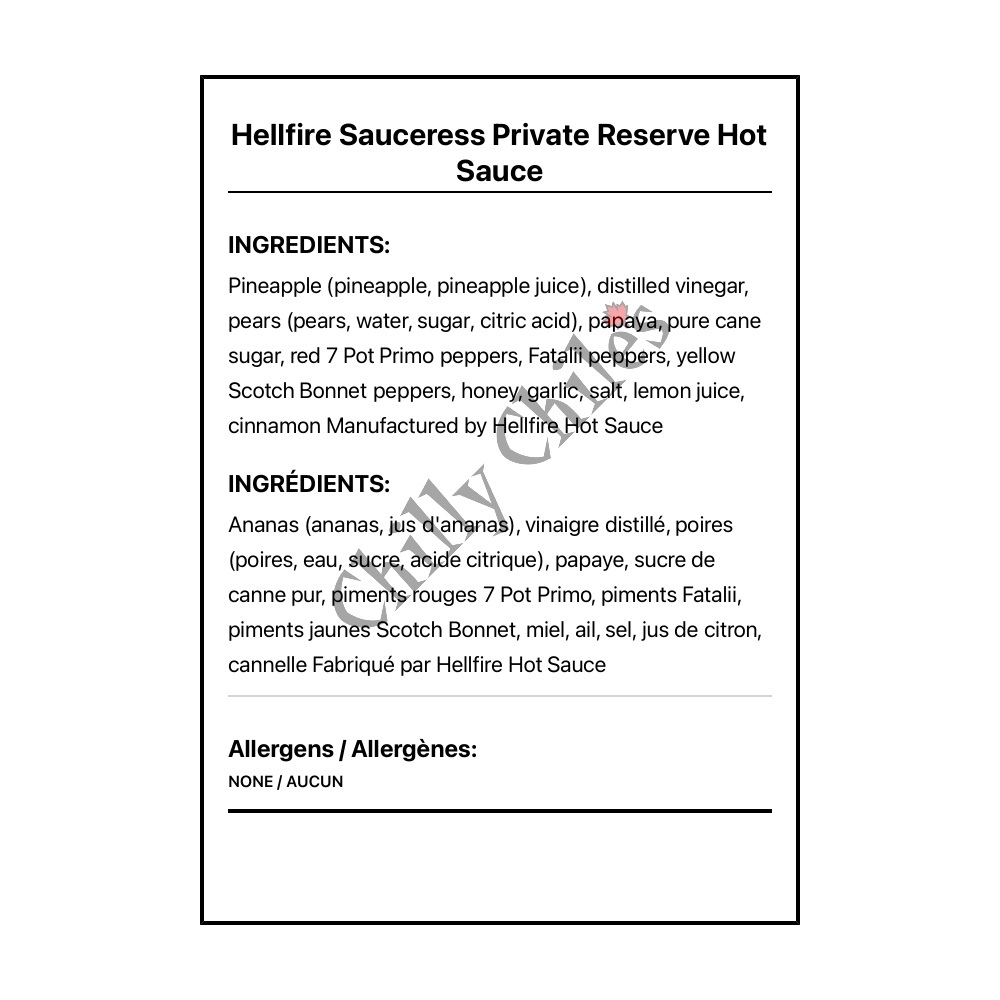 Hellfire Sauceress Private Reserve Hot Sauce - Bilingual Ingredients