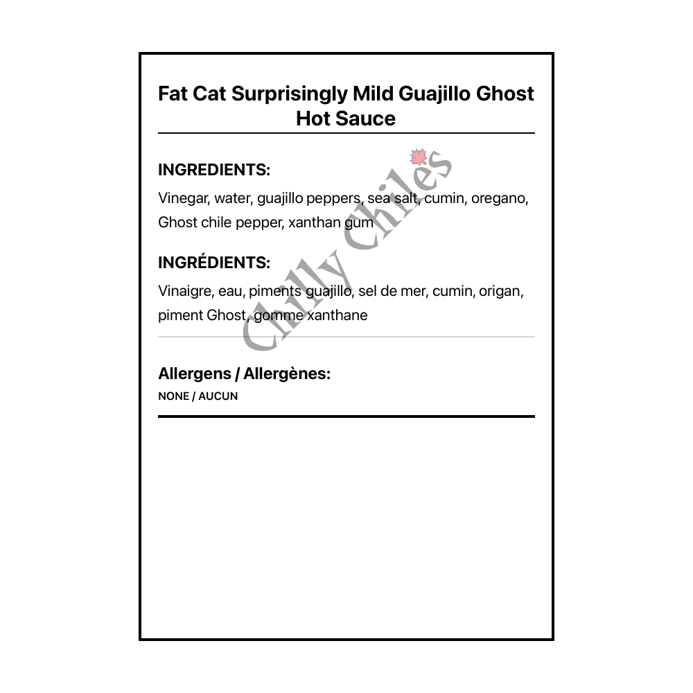 Fat Cat Surprisingly Mild Guajillo Ghost Hot Sauce - Bilingual Ingredients