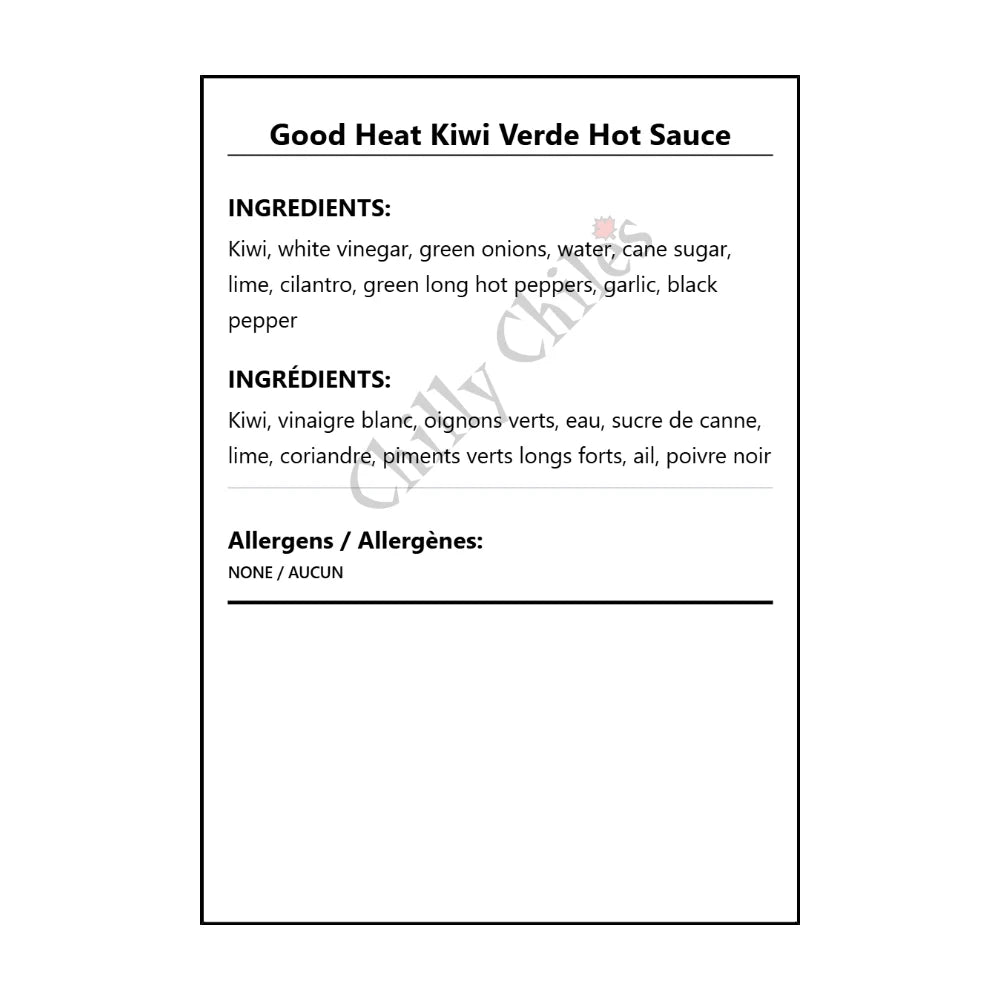 Good Heat Kiwi Verde Hot Sauce - Bilingual Ingredients